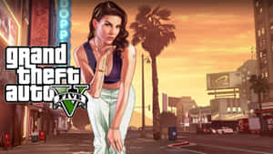 女性GTA V角色在日落時分的城市街道上擺姿勢，背景有棕櫚樹和霓虹招牌。 — 遊戲 壁紙