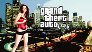 穿著紅色內衣的女性在夜間GTA V城市天際線前擺姿勢。