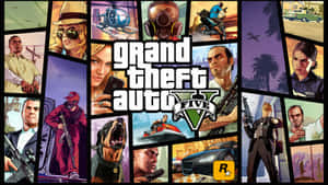 《Grand Theft Auto V》宣傳拼貼，以風格化場景展示角色與車輛。