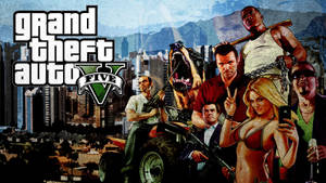 Grand Theft Auto V 遊戲封面，主角和一隻狗在城市環境中。