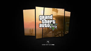 Grand Theft Auto V 遊戲標誌，帶有日落面板和剪影