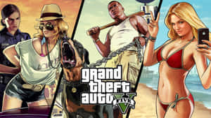 Grand Theft Auto V 遊戲角色，包括一名警察、一名帶狗的女子、一名帶鎖鏈的男子和一名在海灘上穿比基尼的女子。