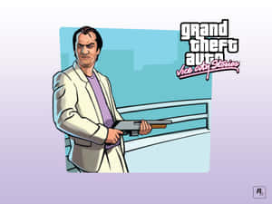 在GTA Vice City Stories遊戲藝術中，穿著米色西裝的男人手持獵槍。