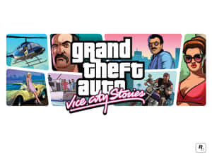 Grand Theft Auto Vice City Stories 遊戲封面，角色和車輛以復古卡通風格呈現。