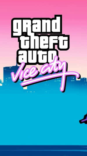 Grand Theft Auto Vice City 標誌，以粉紅和藍色漸變天空及城市天際線為背景。
