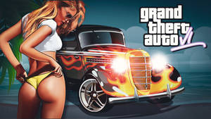 金髮女性穿著黃色比基尼，旁邊是火焰塗裝的經典汽車和GTA V標誌。