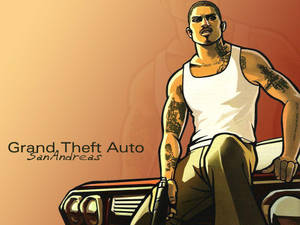 在《Grand Theft Auto San Andreas》遊戲藝術中，紋身男子在車上持槍。