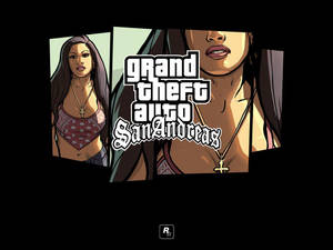 《Grand Theft Auto San Andreas》遊戲標誌，配以戴十字架項鍊的女性肖像。