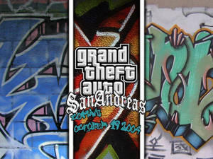 塗鴉牆壁中央有 Grand Theft Auto San Andreas 遊戲海報。