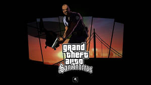 警察在日落時分舉槍瞄準，背後有橋樑和GTA San Andreas標誌。