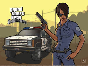 GTA聖安地列斯遊戲藝術中，女警在警用SUV旁持槍。