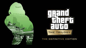 《Grand Theft Auto Trilogy》標誌搭配綠色城市剪影，展示一輛汽車和持槍人物。