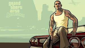GTA San Andreas 角色坐在紅色車上手持槍支。