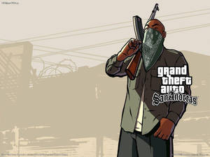 GTA聖安地列斯角色在城市環境中戴頭巾持步槍。