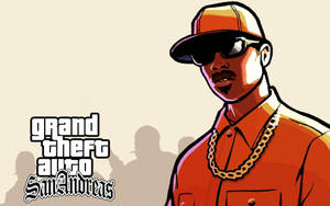 GTA San Andreas角色，穿著橙色襯衫和帽子，戴著金色鏈條。