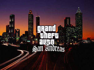 Grand Theft Auto San Andreas 黃昏時分的城市天際線，帶有交通光跡。