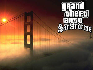 日落時分的金門大橋，帶有霧氣和GTA San Andreas標誌