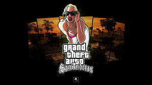 Grand Theft Auto San Andreas 標誌，配以一位戴著太陽眼鏡的金髮女性，背景為夕陽城市景觀。