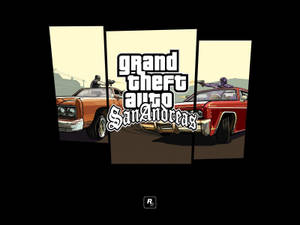 Grand Theft Auto San Andreas 標誌，附有兩輛汽車和武裝角色。