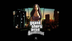 Grand Theft Auto San Andreas 遊戲標誌，背景為日落時分的城市天際線，前方有一位女性角色。
