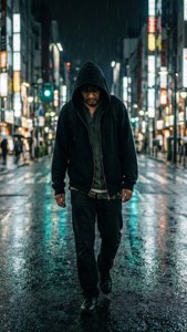 穿連帽衫的男子在夜晚雨中的城市裡，獨自走在明亮的招牌下。