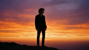 夕陽下站在懸崖邊緣的男子剪影