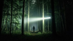 一個人在夜間黑暗霧氣瀰漫的森林中手持手電筒的剪影。