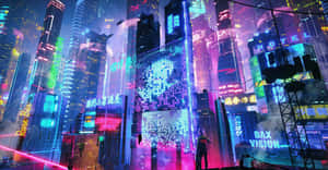 夜晚站在霓虹燈照亮的未來城市中，背景是發光的摩天大樓。 — 夜景城市 壁紙