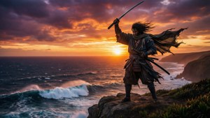 武士在懸崖邊緣，日落時分手持刀劍，俯瞰海洋波浪。