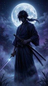 武士在夜間霧氣瀰漫的森林中，在滿月下持劍。