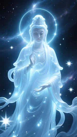 一個發光的藍色天體，帶有光環和飄逸長袍，以繁星點點的夜空為背景