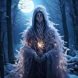覆蓋霜的發光藤蔓身影在雪地森林中，滿月下