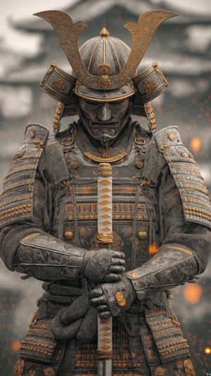 身穿精細暗色和金色鎧甲的武士手持武士刀，背景有火花
