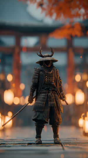 黑色盔甲的武士在發光的燈籠下手持武士刀，頭頂有秋葉