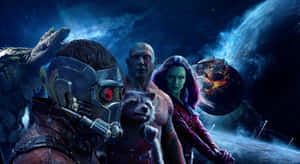 Guardians of the Galaxy 團隊在太空中英勇地擺姿勢，身後有行星和星星。 — 漫威超級英雄 壁紙