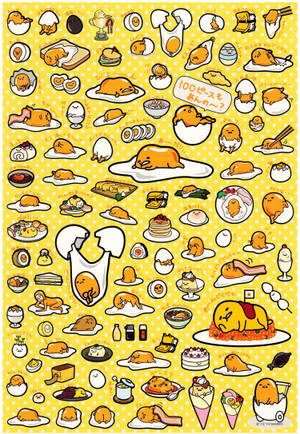 黃色背景上以食物主題插圖呈現的可愛gudetama角色。