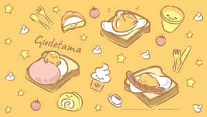 Gudetama 角色在吐司和甜點上放鬆，配有星星和餐具。