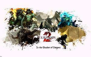 Guild Wars 2 宣傳藝術，以動態油漆飛濺風格呈現奇幻戰士和龍。