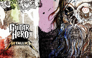 Guitar Hero Metallica 遊戲標誌，帶有風格化的頭骨和塗鴉背景。