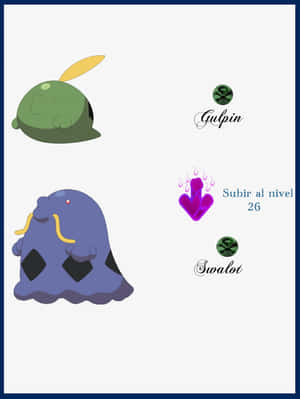 Gulpin 和 Swalot 寶可夢，帶有升級提示和圖標。