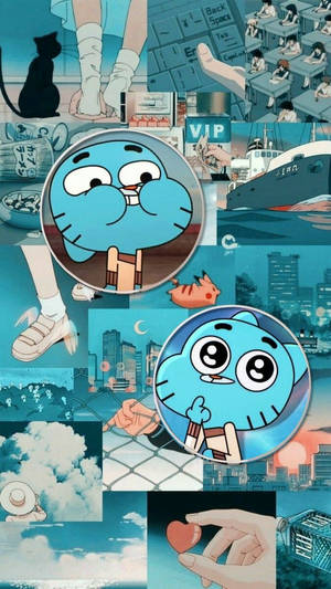 Gumball Watterson的動漫拼貼畫，包含學校、城市和貓的場景，以青綠色調呈現。
