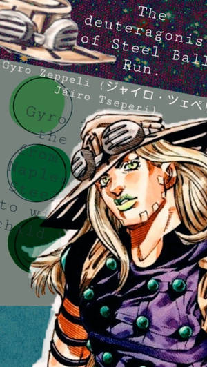 動漫角色Gyro Zeppeli，綠色眼睛和紫色外套。