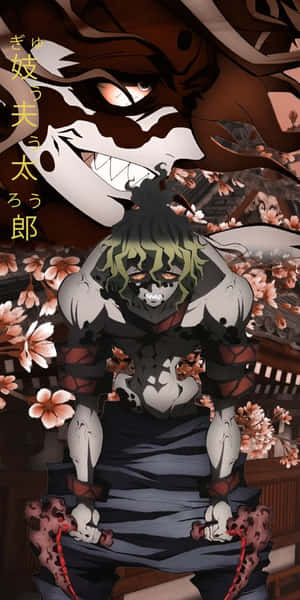 帶有綠色頭髮和尖銳牙齒的動漫惡魔，被櫻花環繞。 — 鬼滅之刃 壁紙