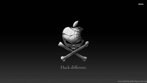 裂開的頭骨Apple標誌，交叉骨頭，深色背景上的文字Hack different