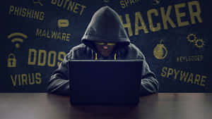 一個戴著 hoodie 和黃色眼鏡的黑客，在筆記本電腦上打字，背後有網絡攻擊詞語。