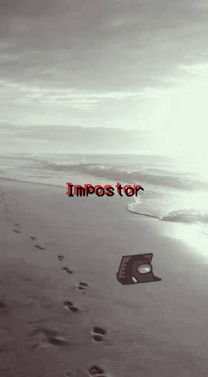沙灘上嘅腳印，近水邊有 'Impostor' 文字同遊戲圖示。
