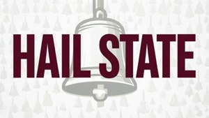 Hail State 文字搭配大鐘圖形和重複鐘圖案背景。