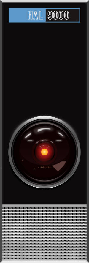 HAL 9000 發光的橙色眼睛和藍色名牌，位於黑色圓柱形機身上。