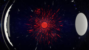 在星空虛空中，兩個月亮之間的紅色宇宙爆炸。