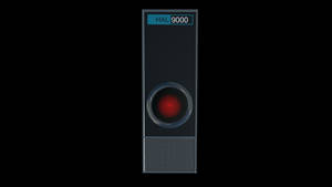 HAL 9000電腦，帶有紅色眼睛和藍色顯示屏，背景為黑色